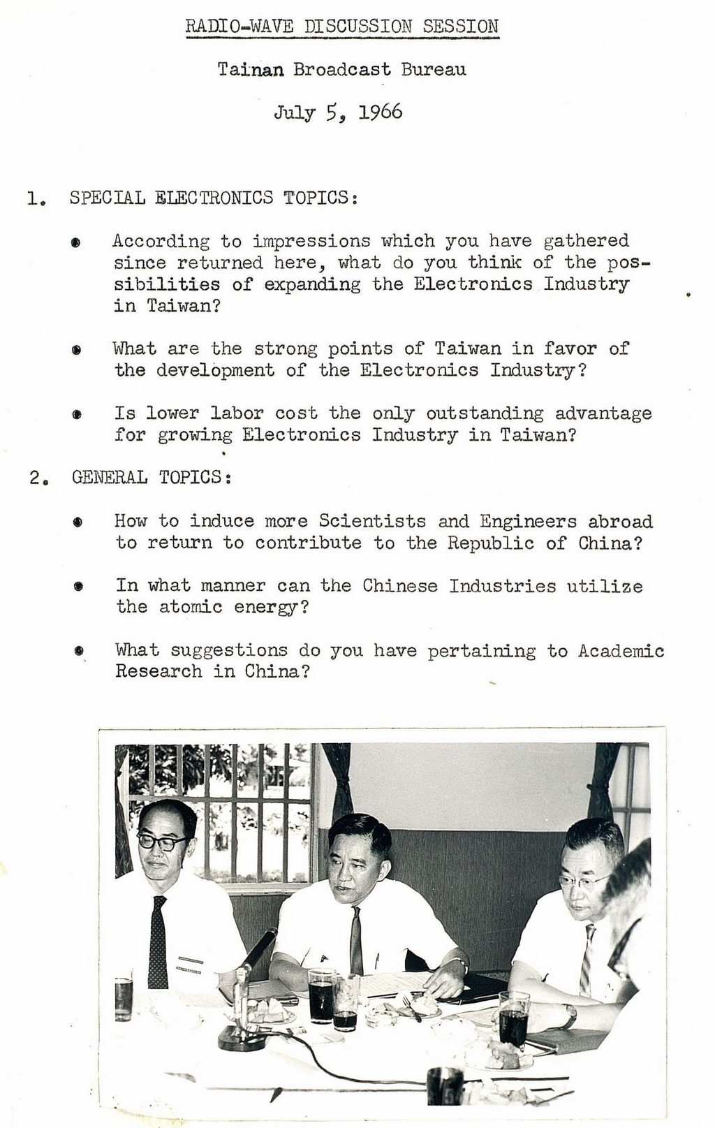 Radio-Wave Discussion Session, Tainan Broadcast Bureau, July 5, 1966