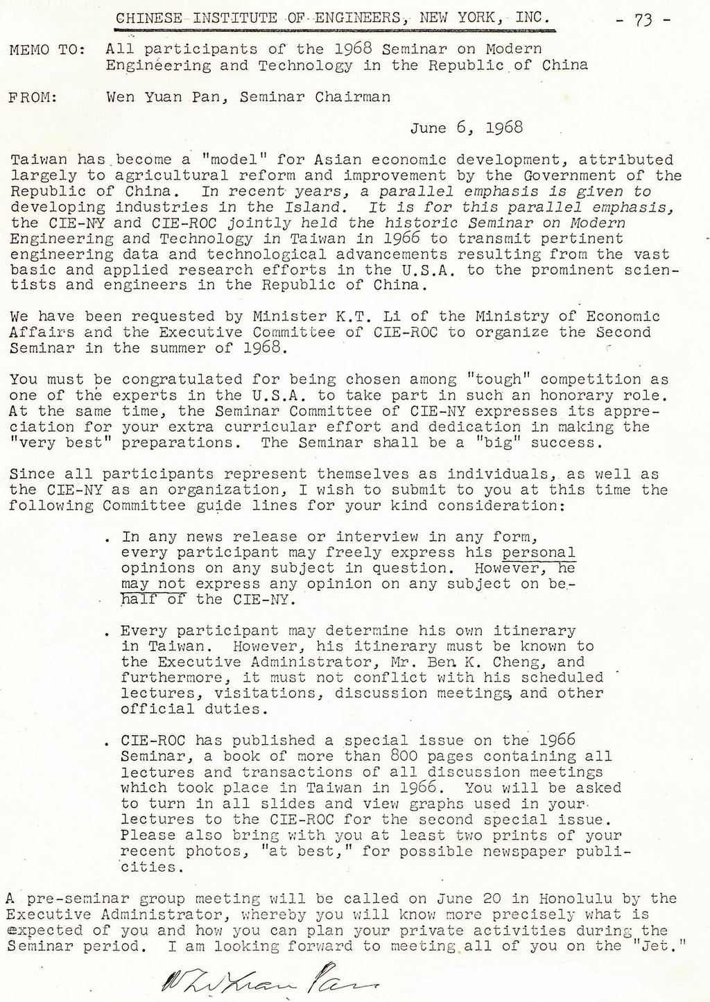 A letter from Pan Wen-Yuan to all the participants of the 1968 Seminar on Modern Engineering and Technology.